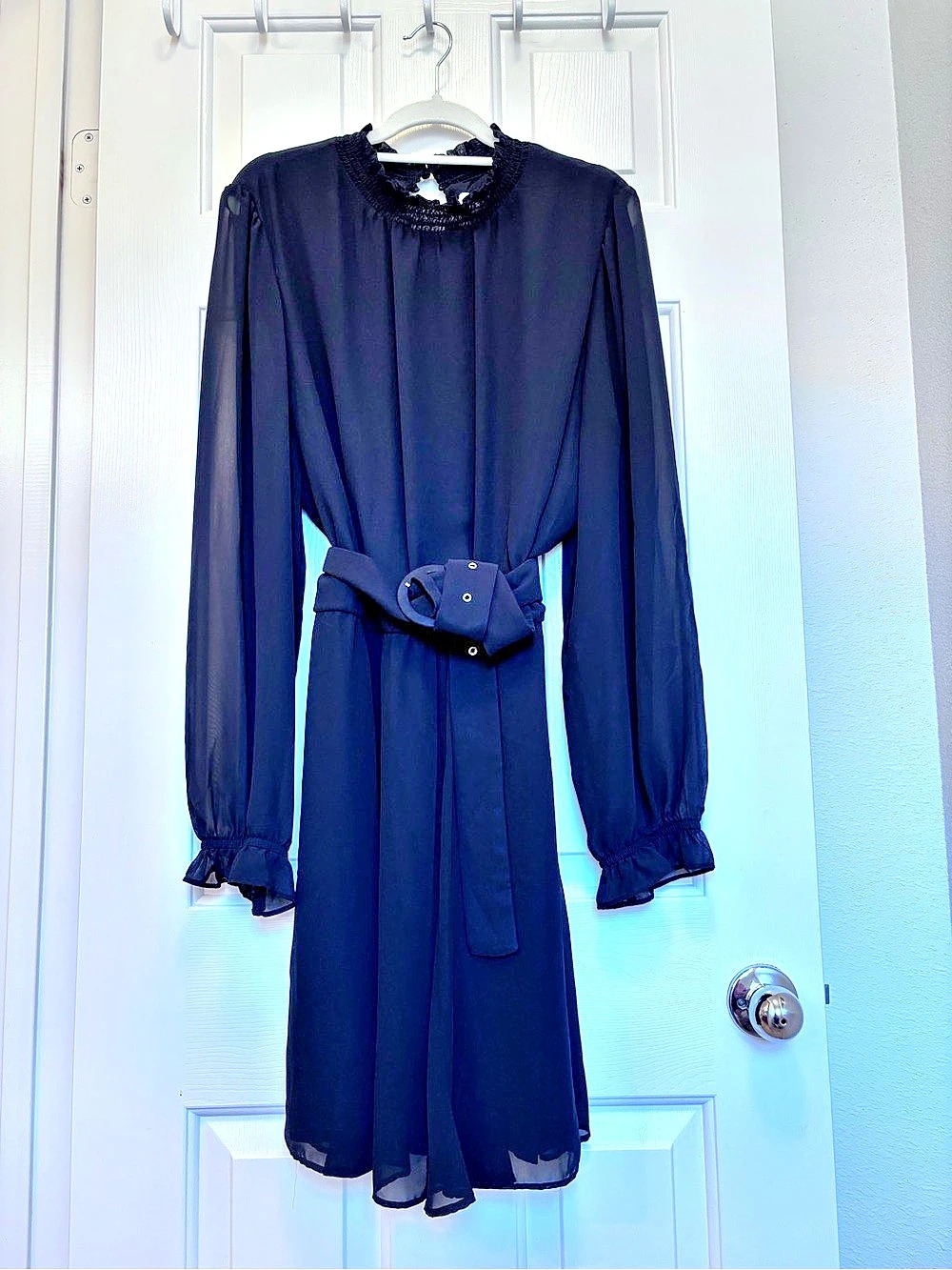Nine West Long Sleeve Belted Dress Midi Dress Black Medium
